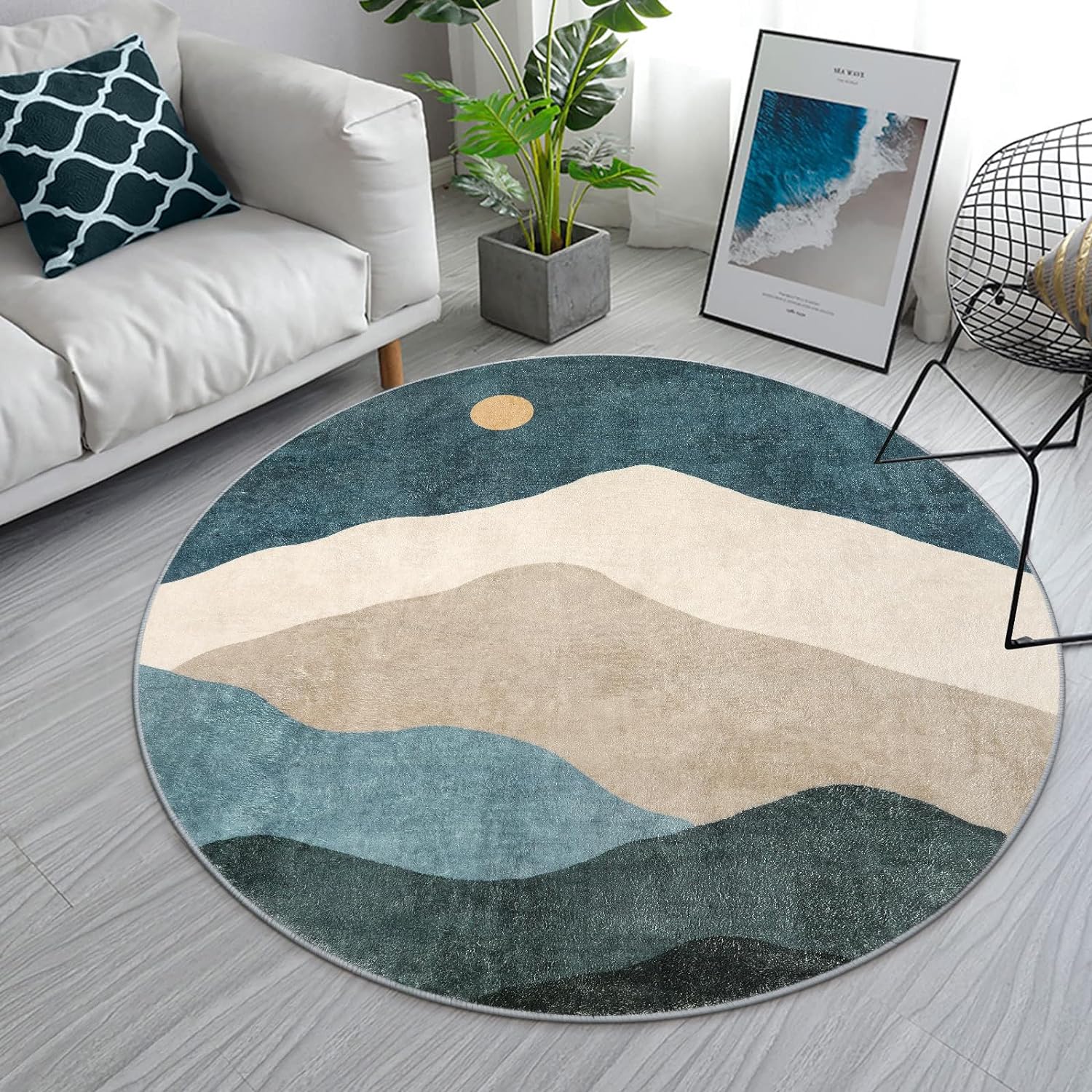 Chic Washable Non-Slip Round Rug, Soft Blue Faux Wool, 4ft