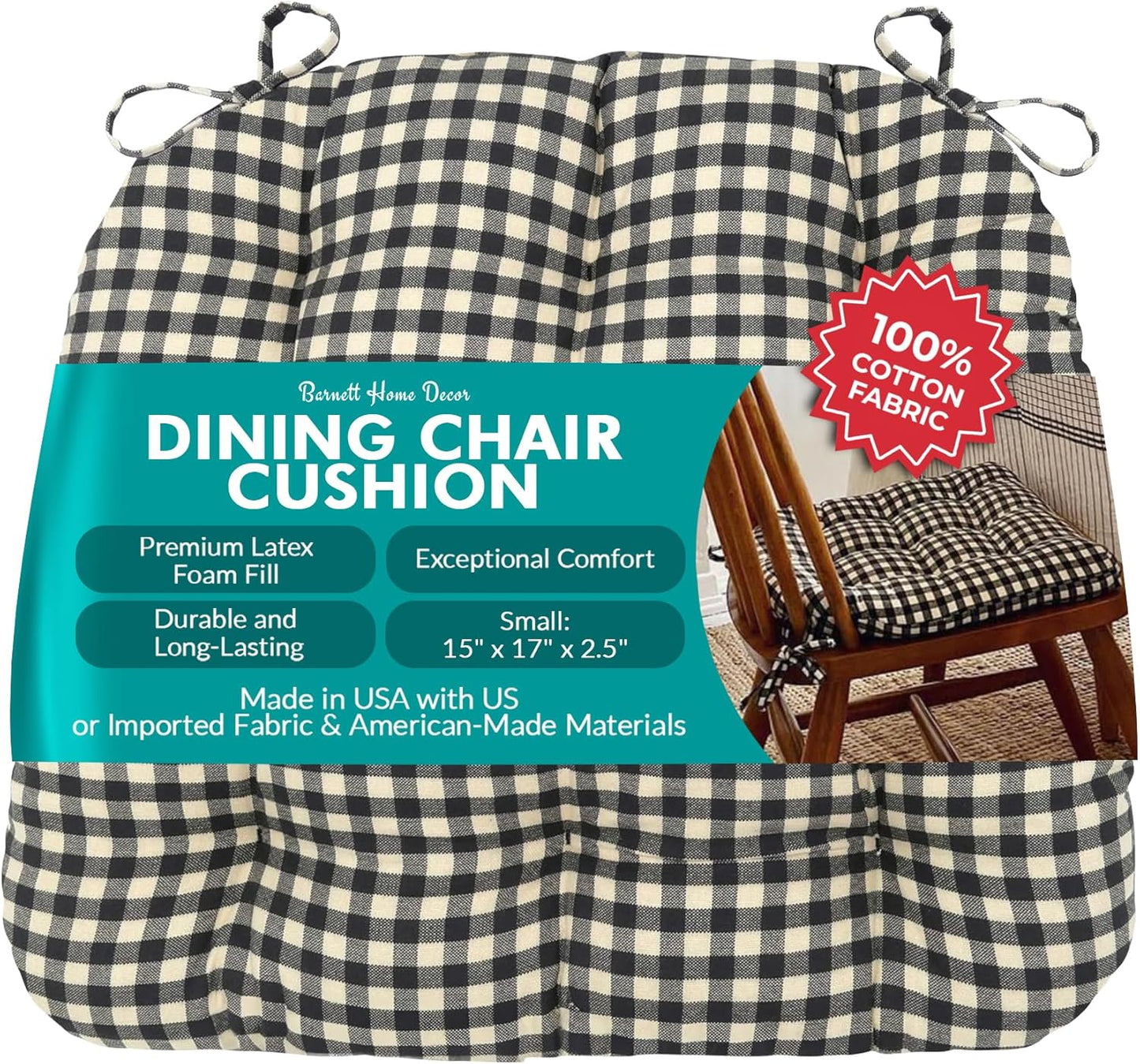 Farmhouse Check Black Dining Chair Pad with Ties for Comfort