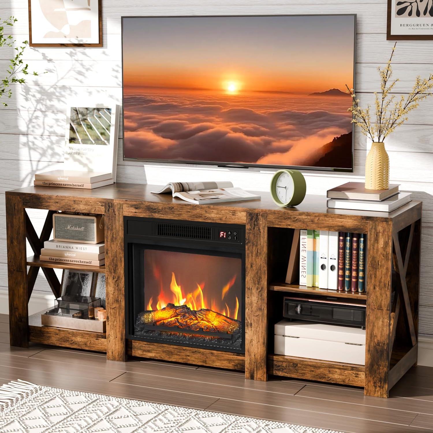 VINGLI Fireplace TV Stand for 70 inch TVs with Electric Heater