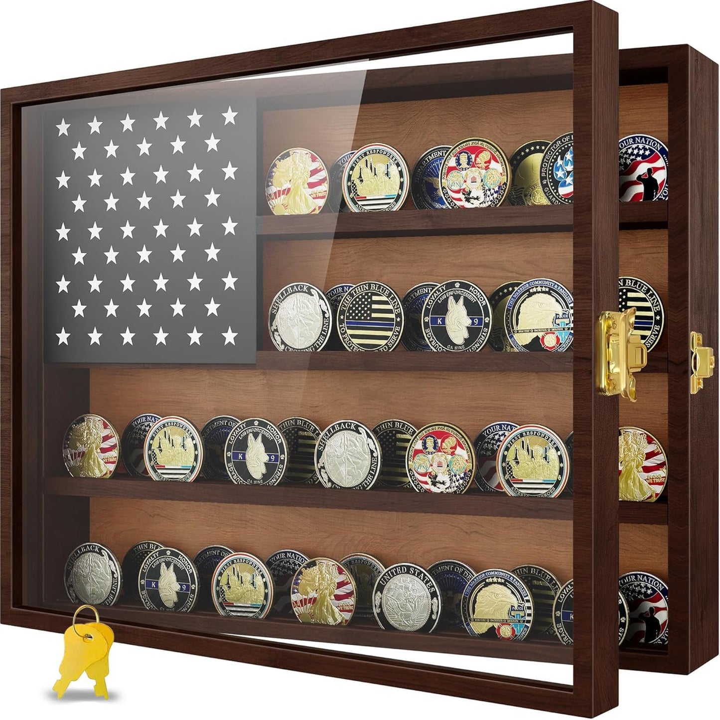 Military Challenge Coin Display Case with American Flag Design