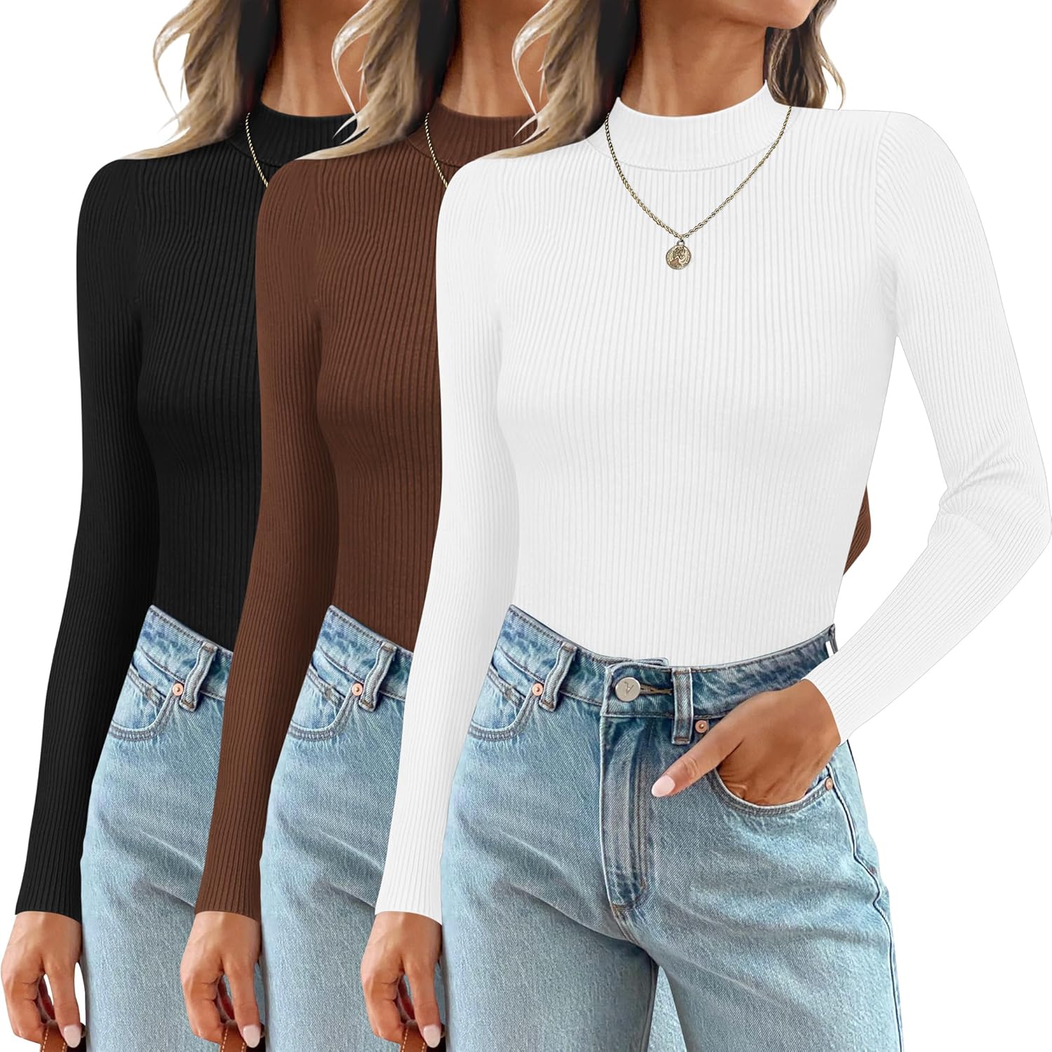Ekouaer 3 Pack Mock Turtlenecks for Women Long Sleeve Tops