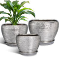 Ceramic Planters Set of 3 - Mid-Century Silver Pots for Indoor Plants