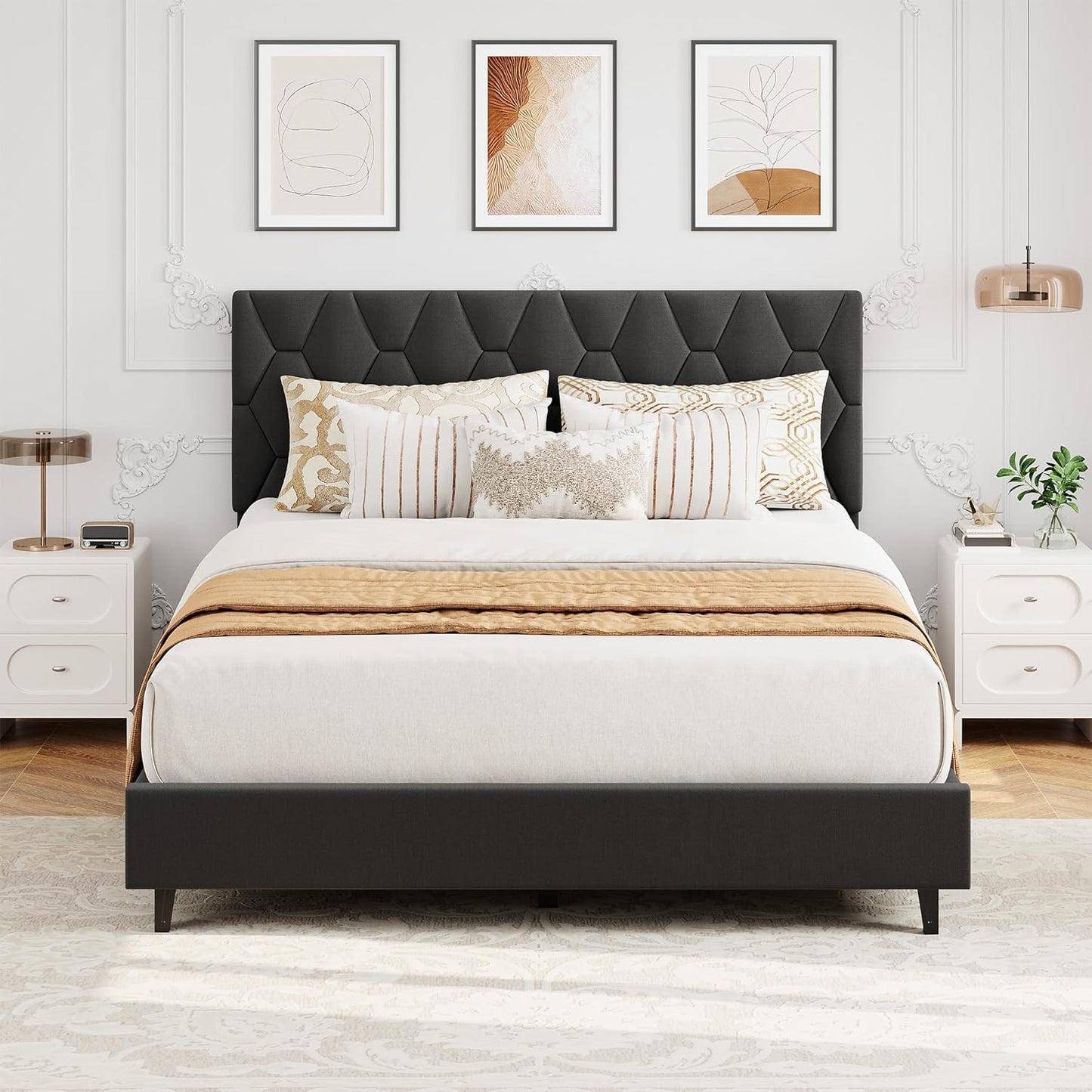GAOMON Grey Queen Bed Frame with Upholstered Headboard Design