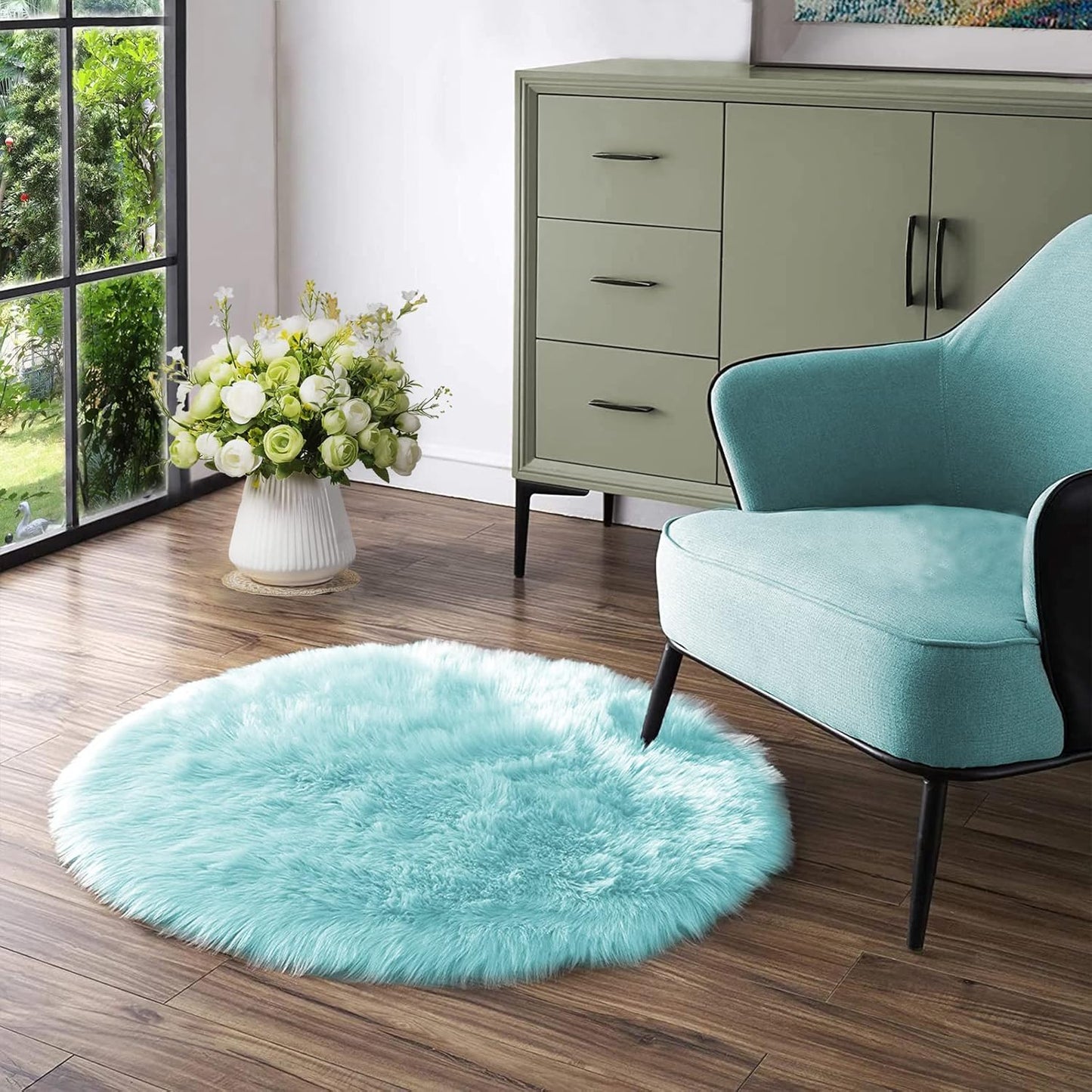 Latepis Blue Fur Circle Round Rugs 4ft Soft Faux Sheepskin