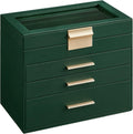 Jewelry Box Organizer with Glass Lid, 4-Layer Storage - Forest Green