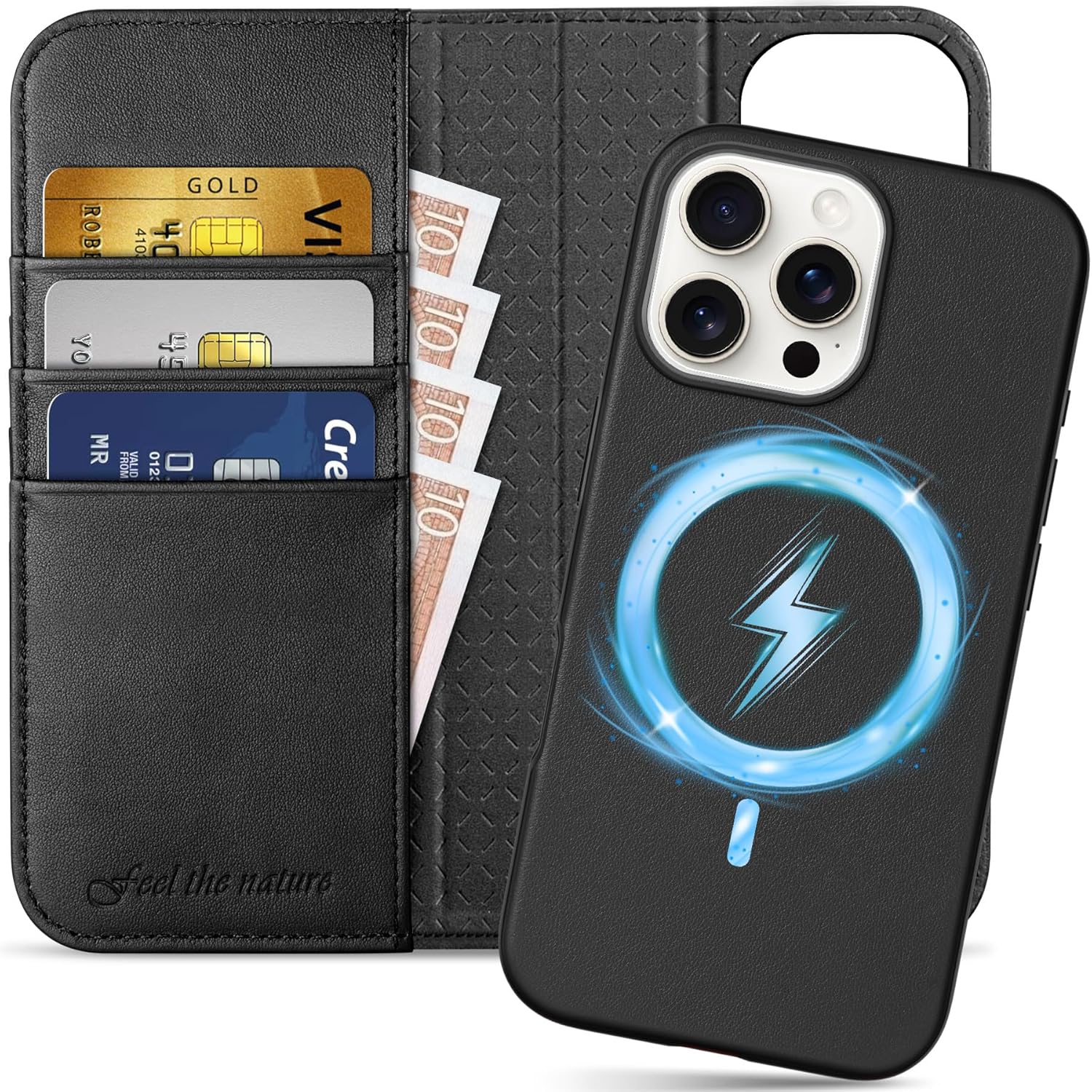 Genuine Leather Wallet Case for iPhone 16 Pro Max with RFID