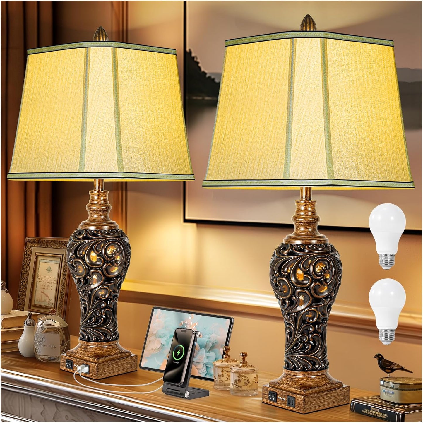 32ft' Tall Rustic Vintage Table Lamps Set of 2 with USB Ports