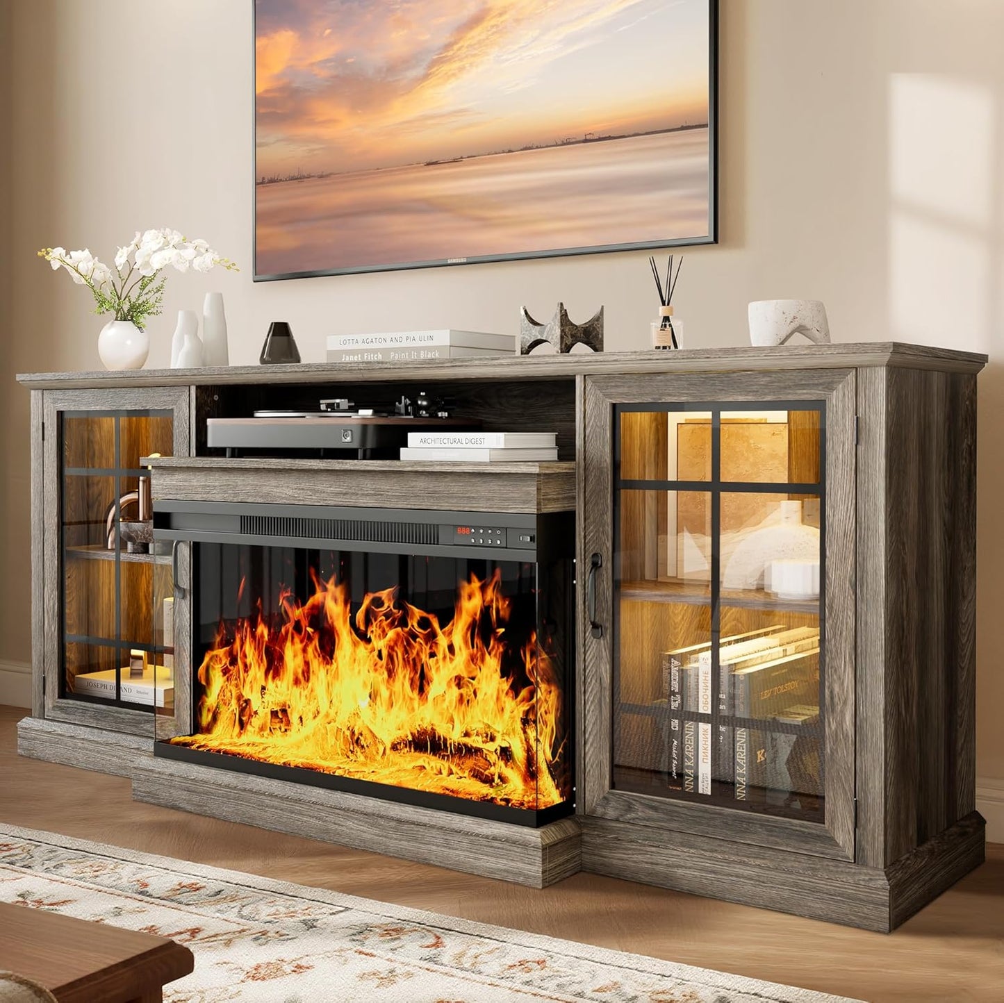80ft' Fireplace TV Stand with 3-Sided Glass for Modern Homes