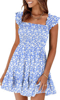 Prinbara Womens Summer Casual Square Neck Smocked Short Sundress sizes