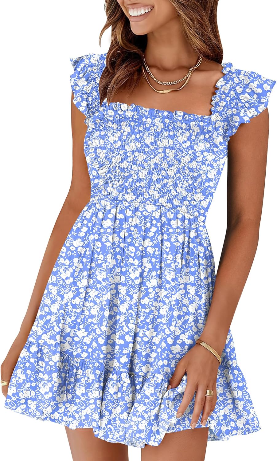 Prinbara Womens Summer Casual Square Neck Smocked Sundress