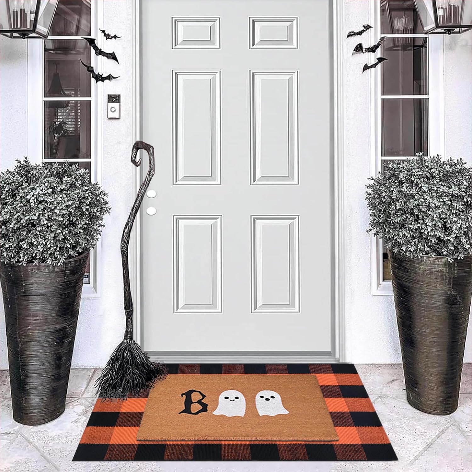 Halloween Door Mat Combo Set with Boo Ghost and Plaid Rug