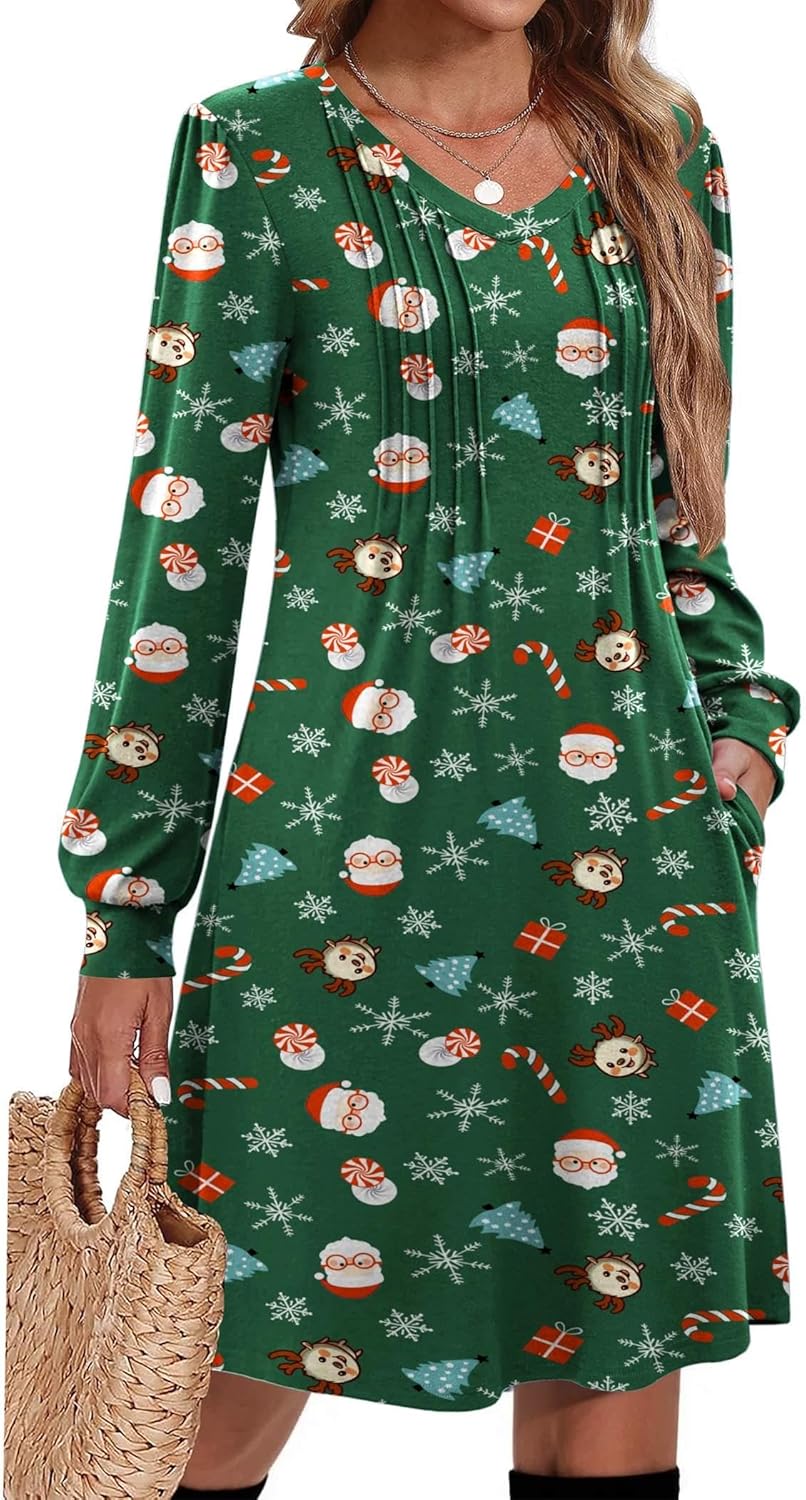 Stylish Long Sleeve Casual Pleated V Neck Dress for Women