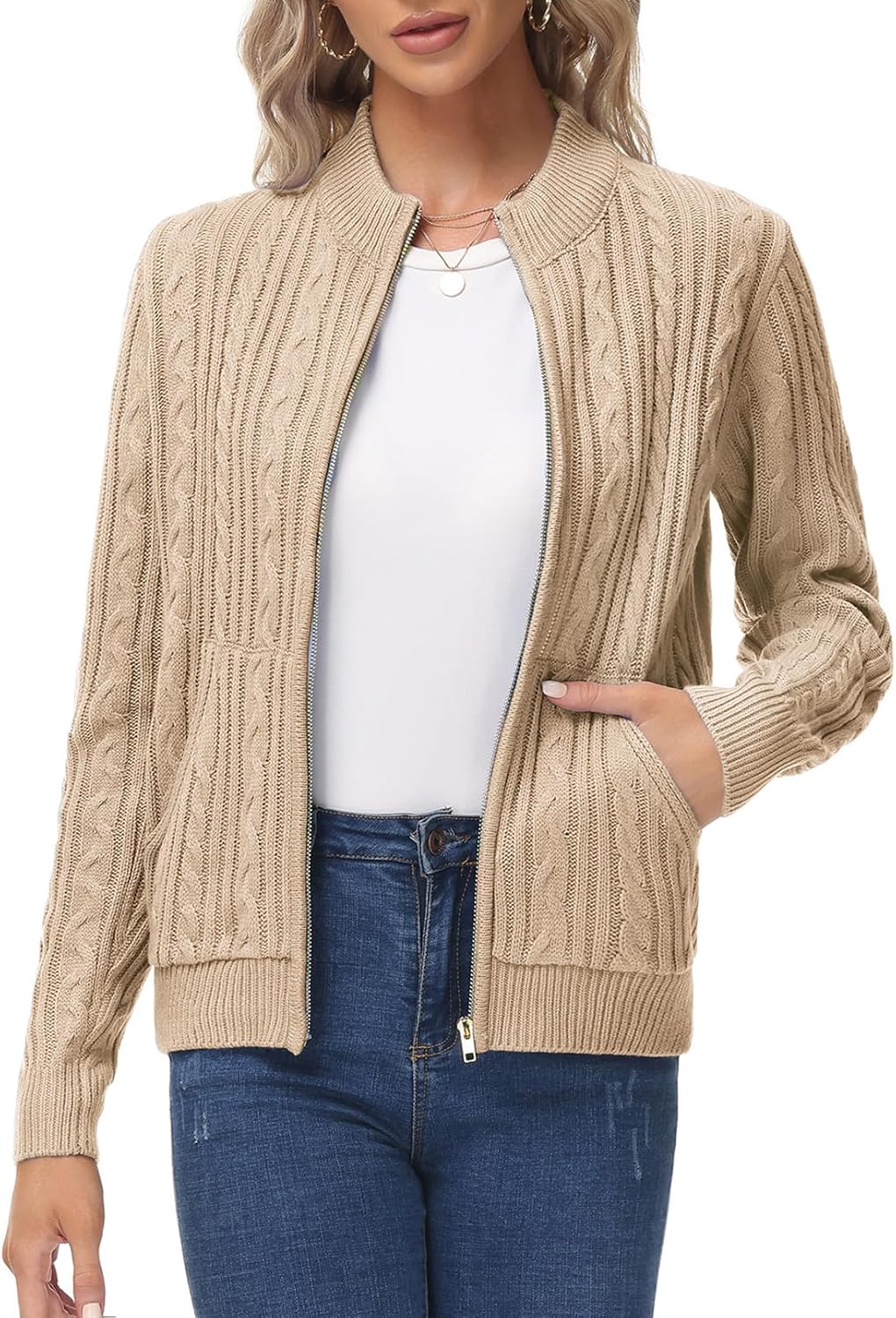 KANCY KOLE Women's Zip Up Cable Knit Sweater Cardigan with Pockets