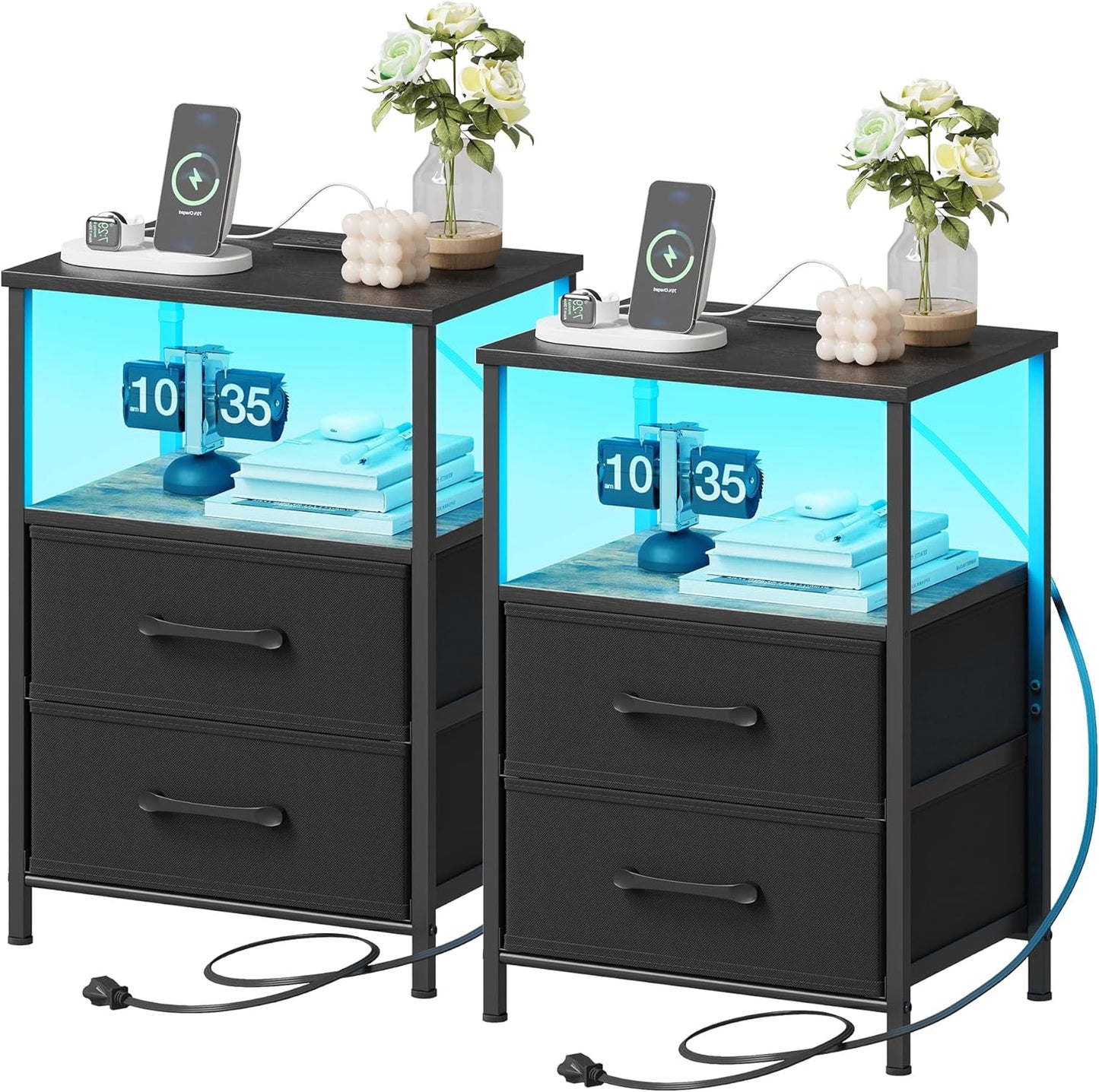 Nightstands Set of 2 with Charging Station and LED Lights