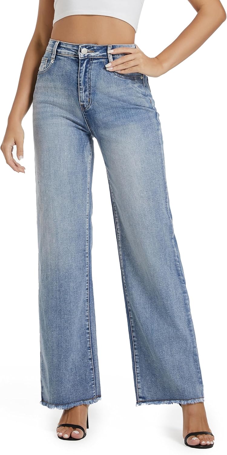 Women's Wide Leg Jeans High Waisted Stretchy Casual Denim