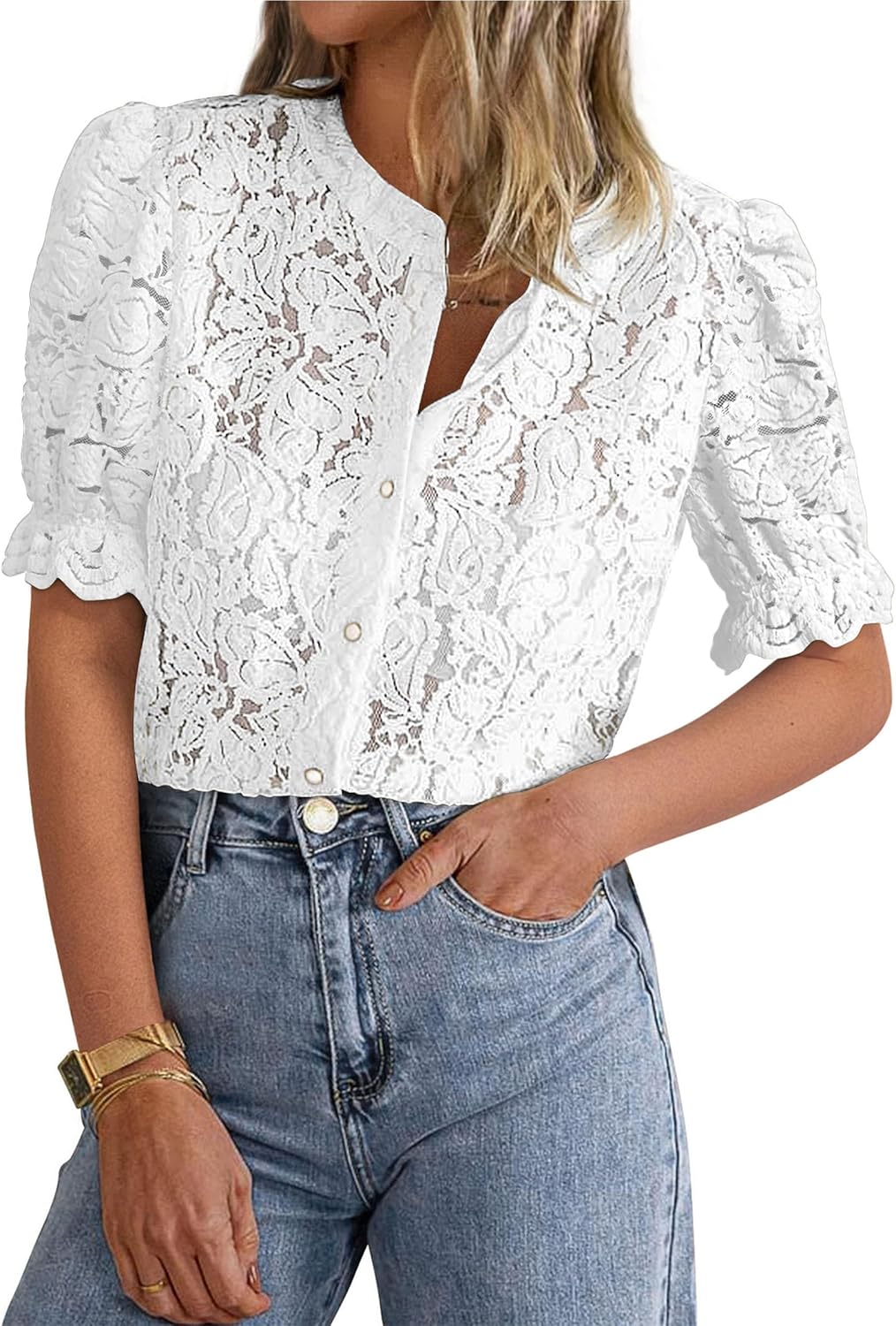 PRETTYGARDEN Womens Lace Tops Short Puff Sleeve Blouses