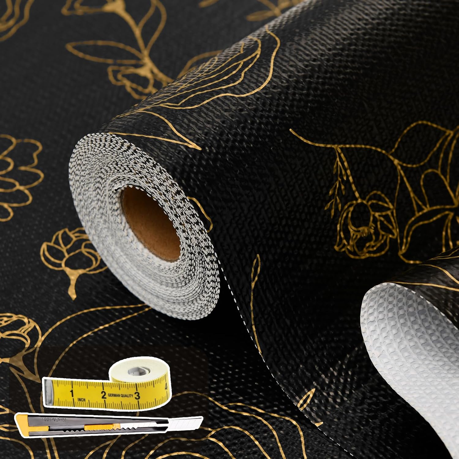 Non Adhesive Shelf Liners for Kitchen Cabinets - Black Floral