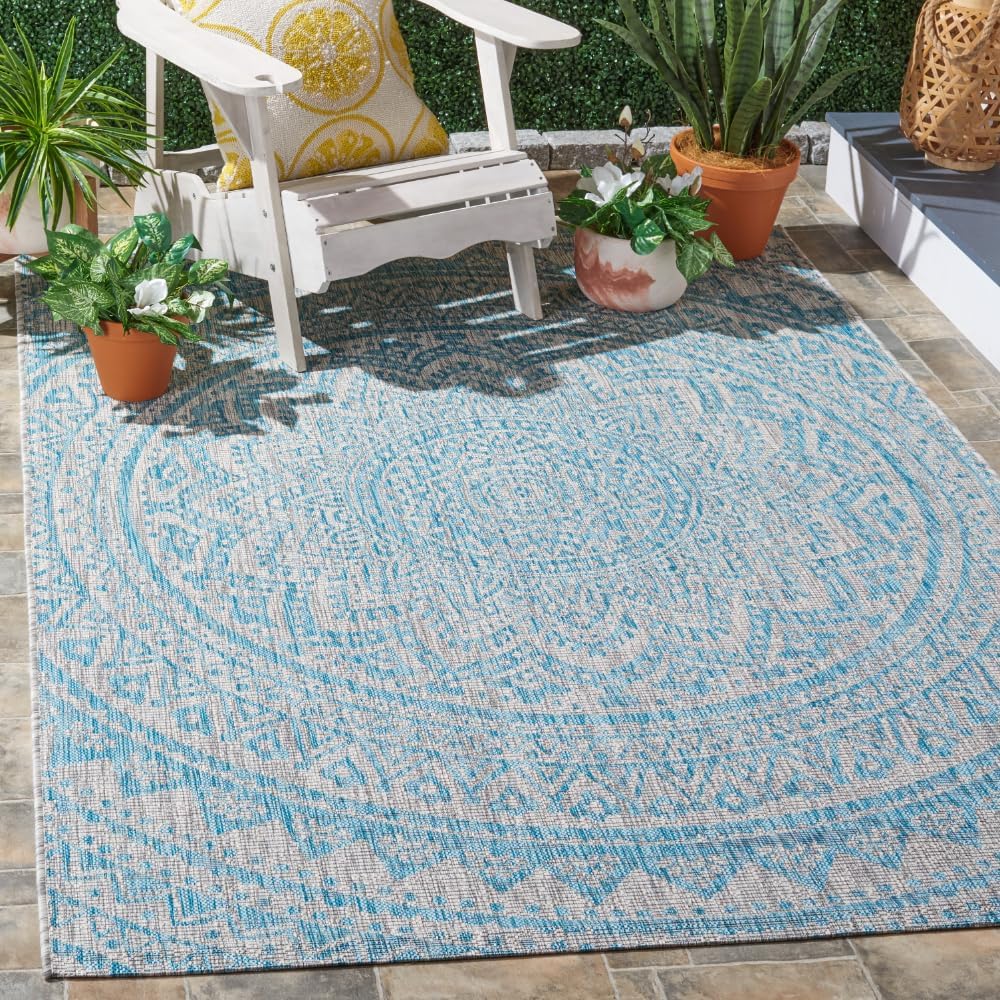SAFAVIEH Washable Rug for Outdoor & Indoor Use, Light Grey & Aqua