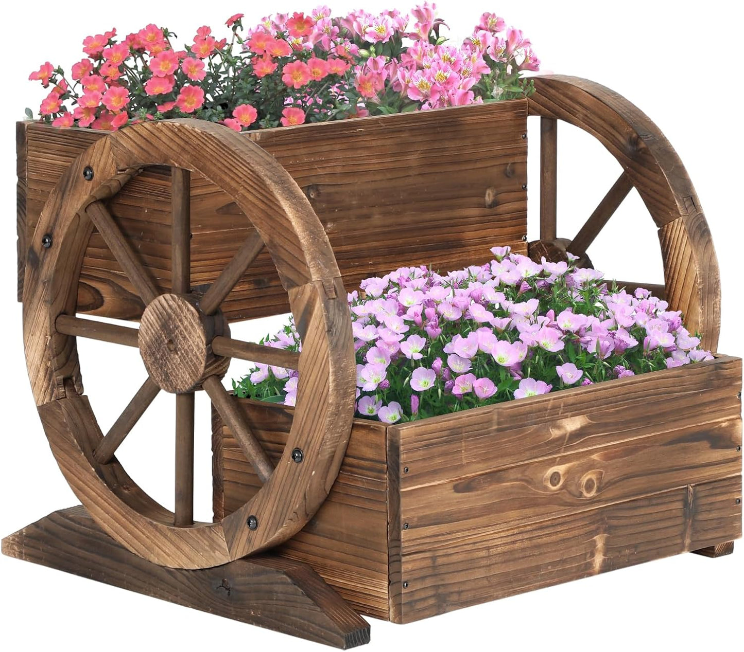 Wooden Wagon Planter Box for Flowers, Herbs, and Vegetables
