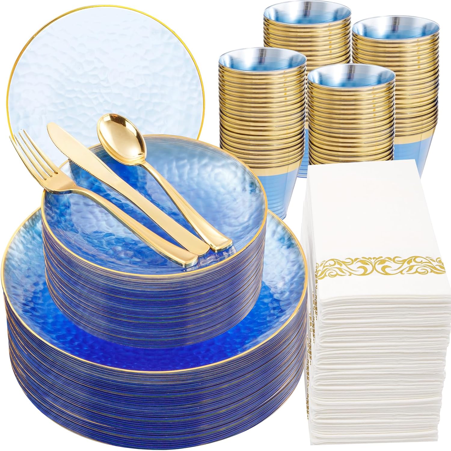 Stunning 350PCS Clear Blue Gold Plastic Dinnerware Set for 50 Guests