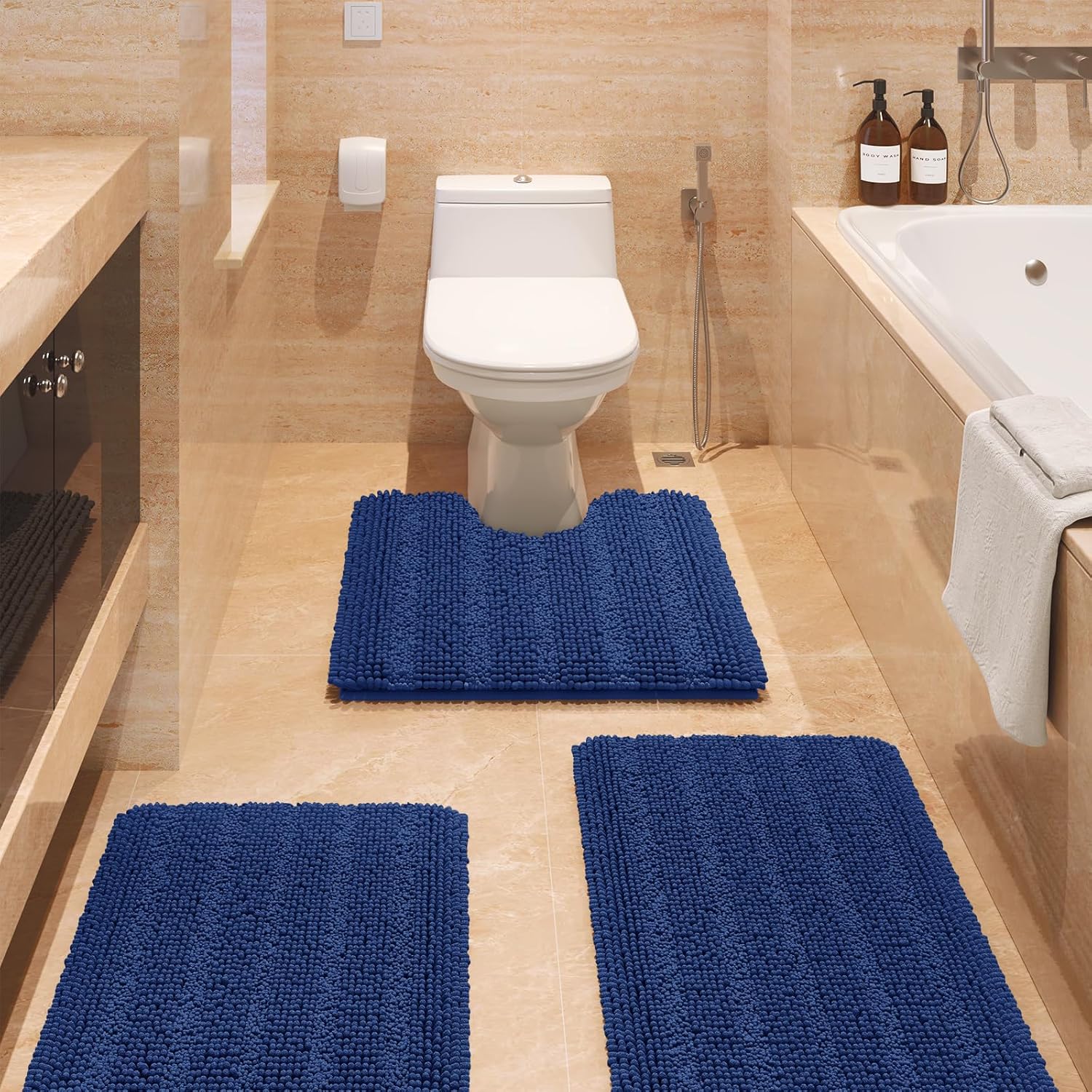 Striped Denim Blue Bathroom Rug Set 3 Pieces Ultra Soft Chenille