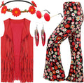 60s 70s Hippie Costume for Women Fringe Vest & Flared Pants Set