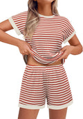 Waffle Knit Lounge Set for Women Stripe Pajama Shorts Set