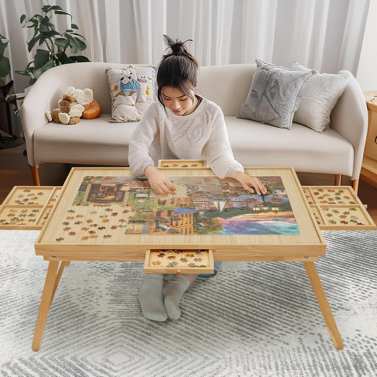 Puzzle Table for 1500 Pieces with Legs and Drawers for Adults