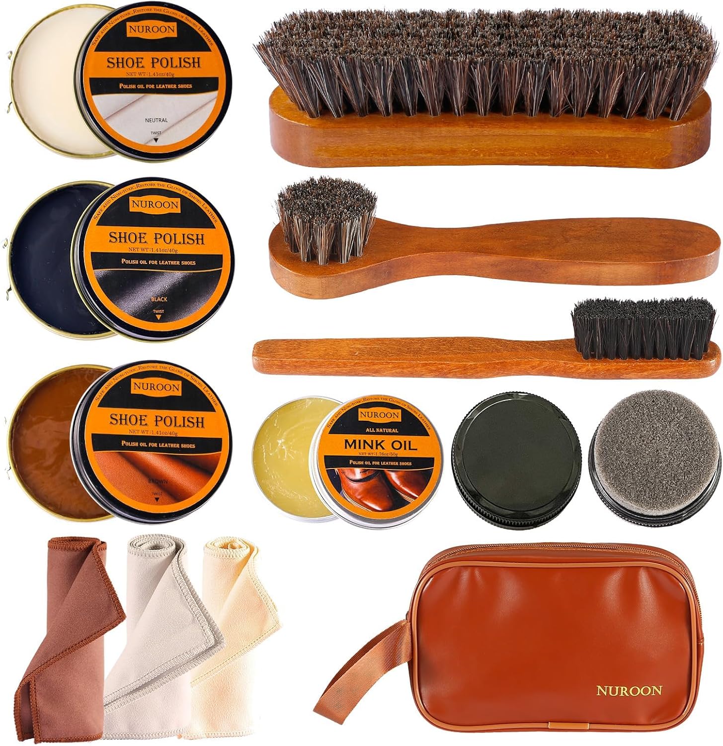 Nuroon Shoe Polish Kit: Horsehair Brushes, Mink Oil for Ultimate Shine