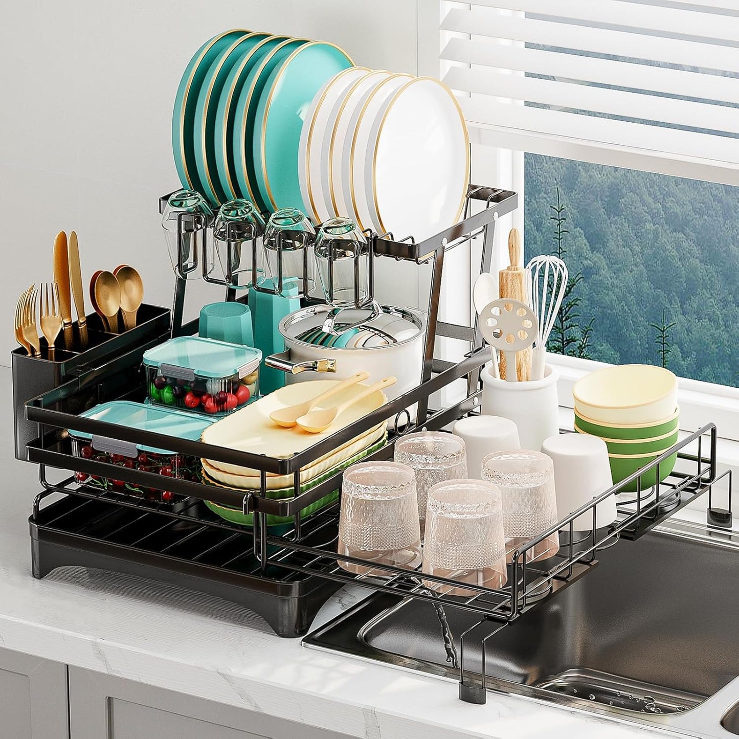 2 Tier Dish Drying Rack - Large Extendable Kitchen Organizer