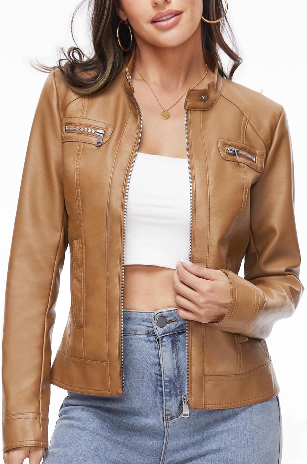 Fahsyee Zip Leather Jackets for Women - Stylish Moto Biker Coat