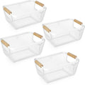 Metal Wire Storage Baskets 4 Pack with Wooden Handles - Compact