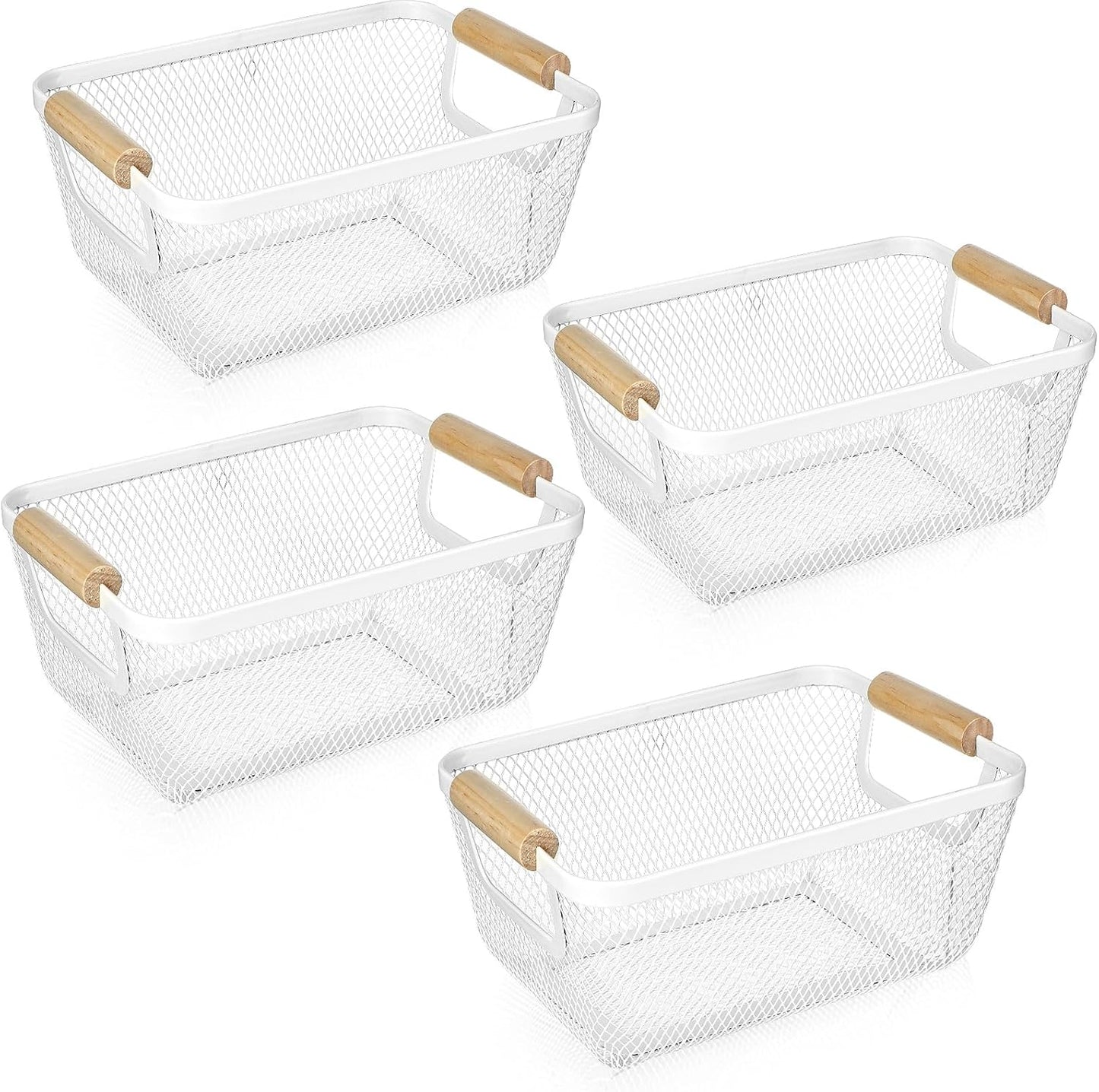 4 Pcs Metal Wire Basket with Wooden Handles for Home Organizing