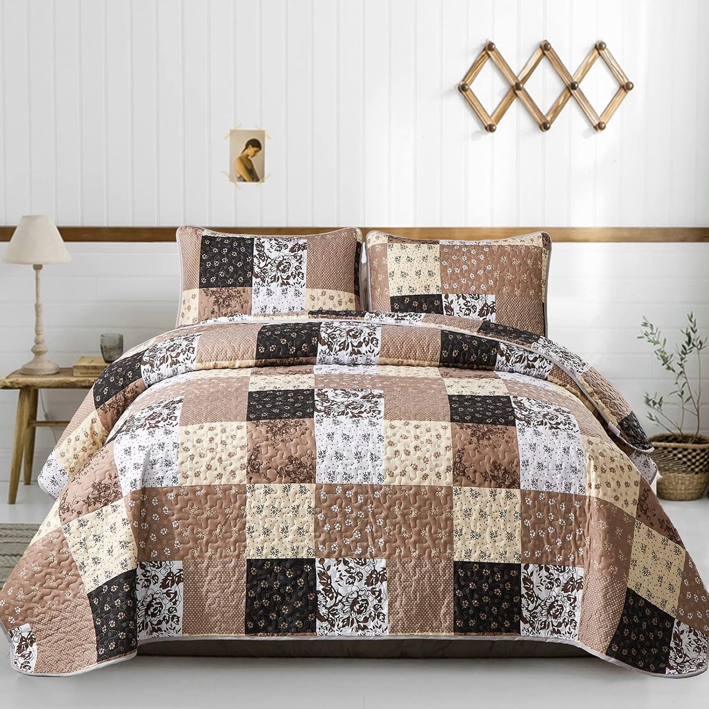 Khaki Quilt Set King Size Soft Microfiber Patchwork Bedding