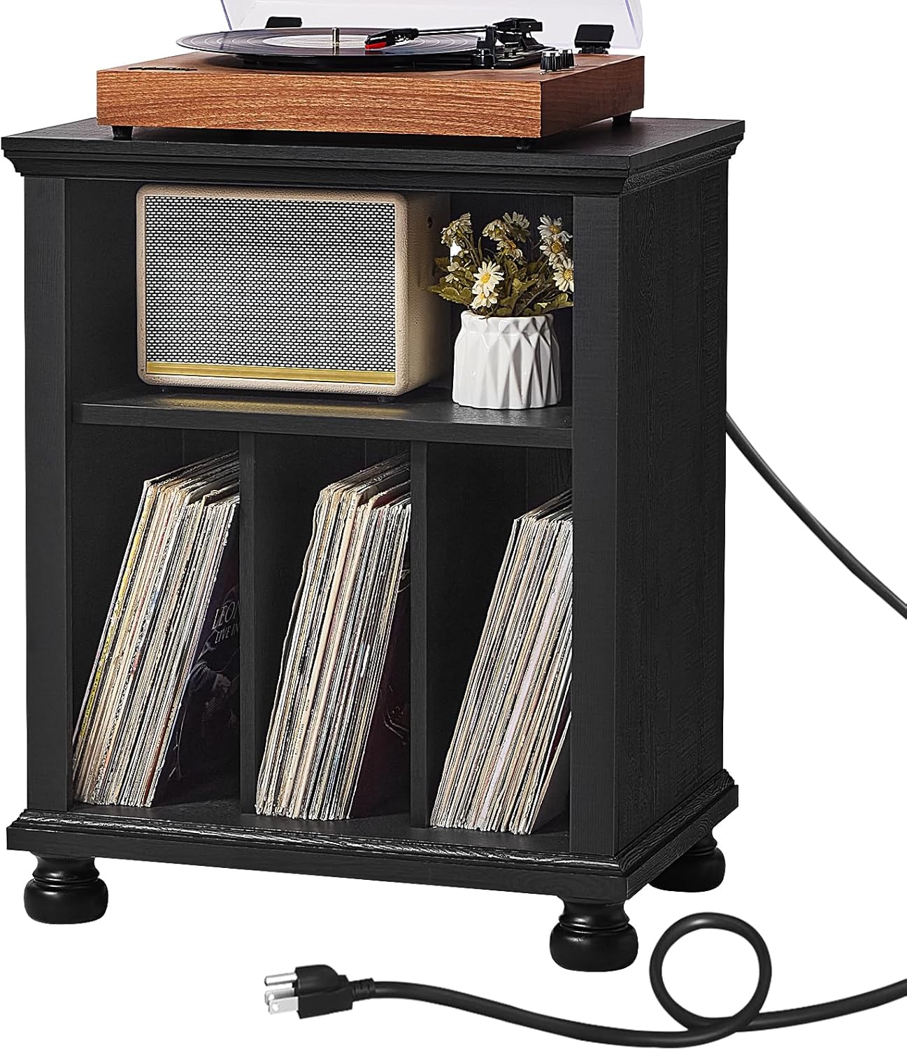 Mid-Century Record Player Stand with Charging Station for 200 Albums