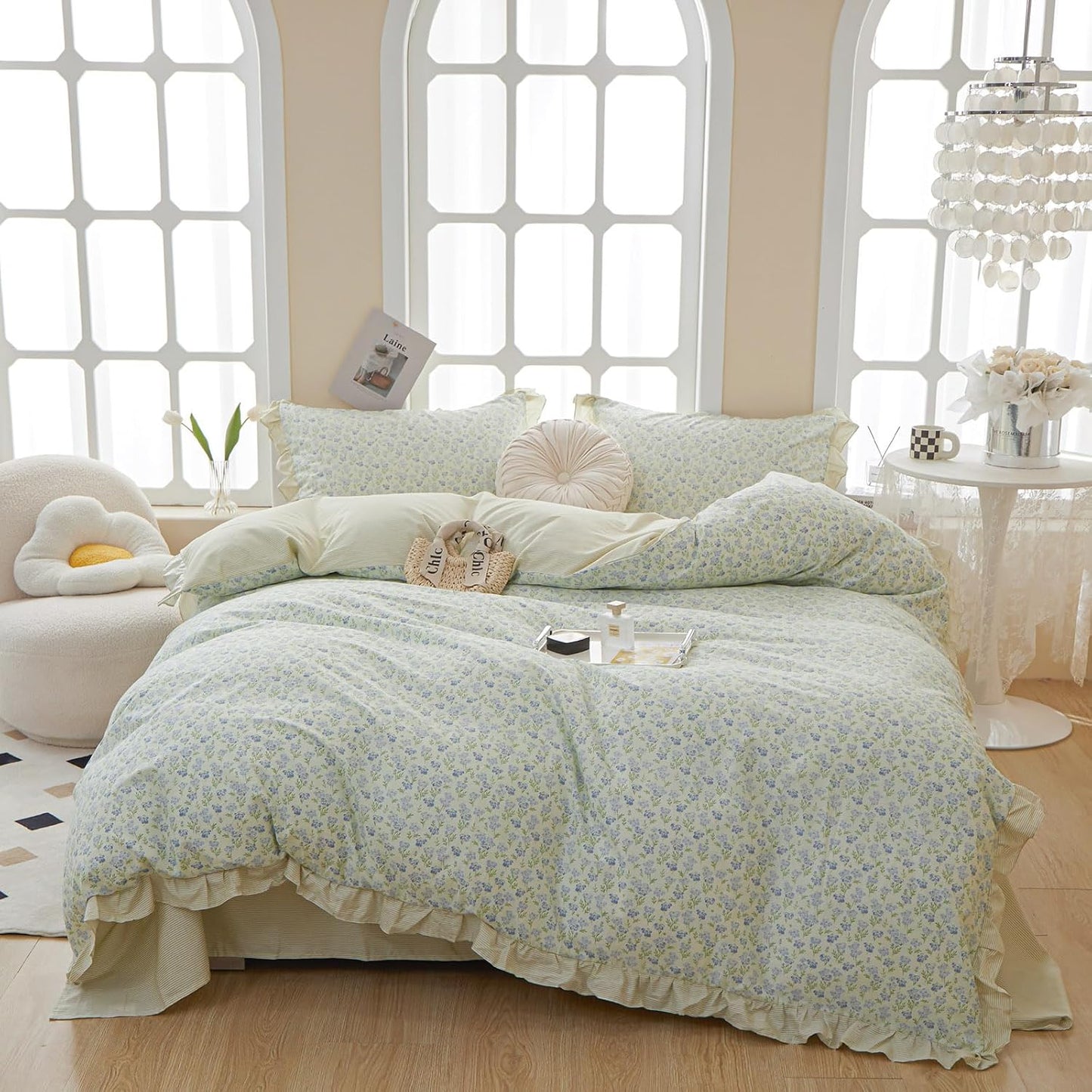 VM VOUGEMARKET Green Stripes Lace Comforter Set for Teens