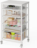 White Utility Cart with 5 Drawers and Wooden Top - Rolling Storage