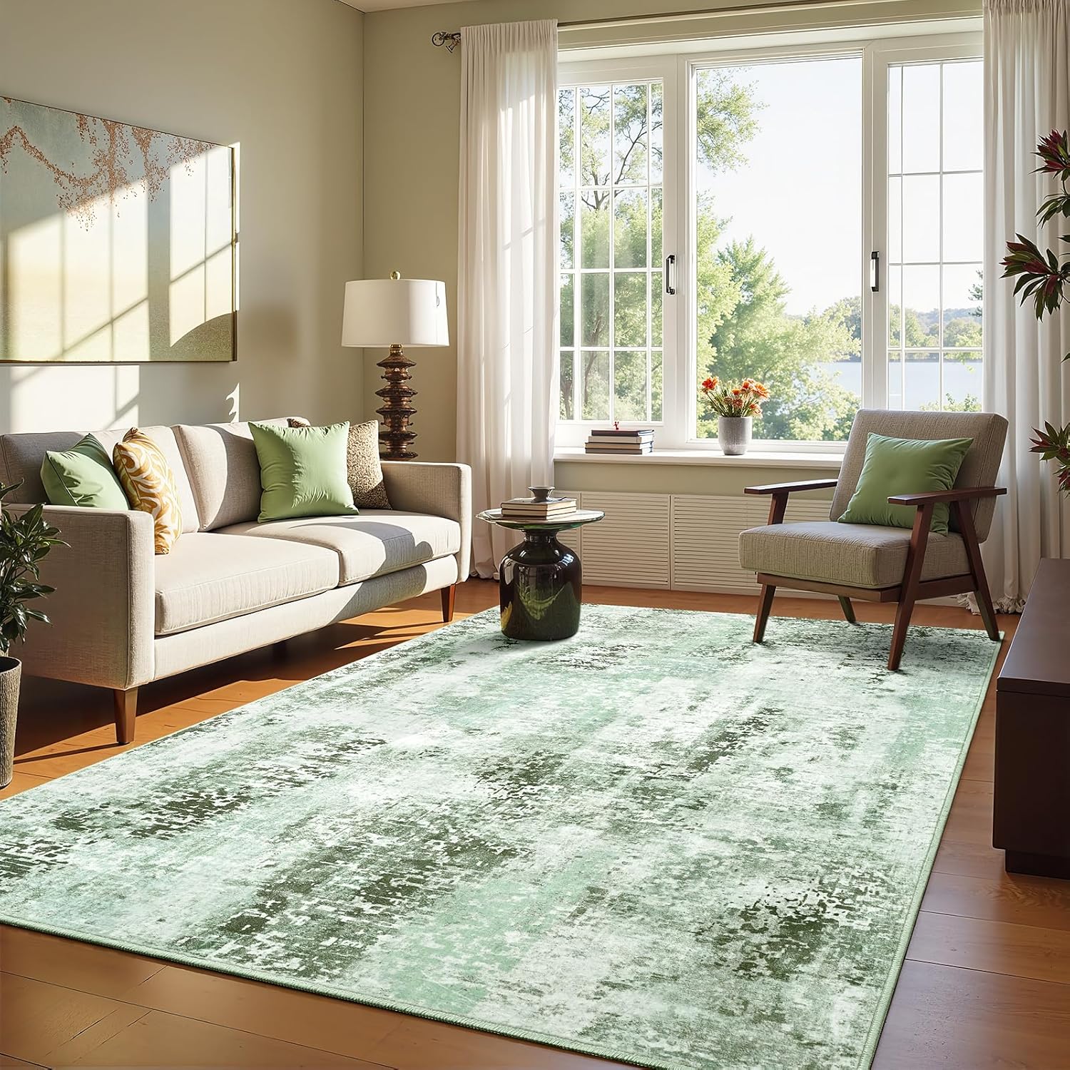 5x7 Green Washable Area Rug for Modern Living Room Decor