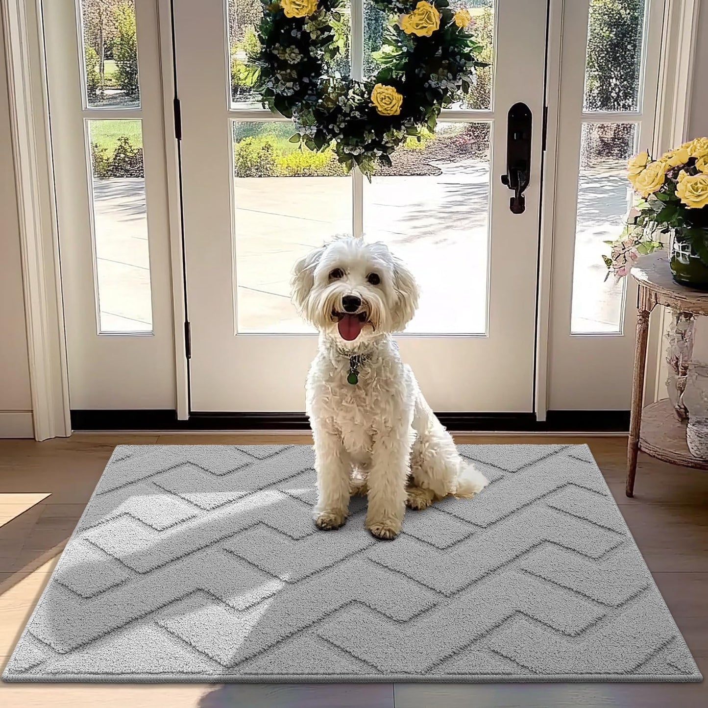 hicorfe Front Door Mat for Outdoor Indoor Use, 32x40 in Light Grey