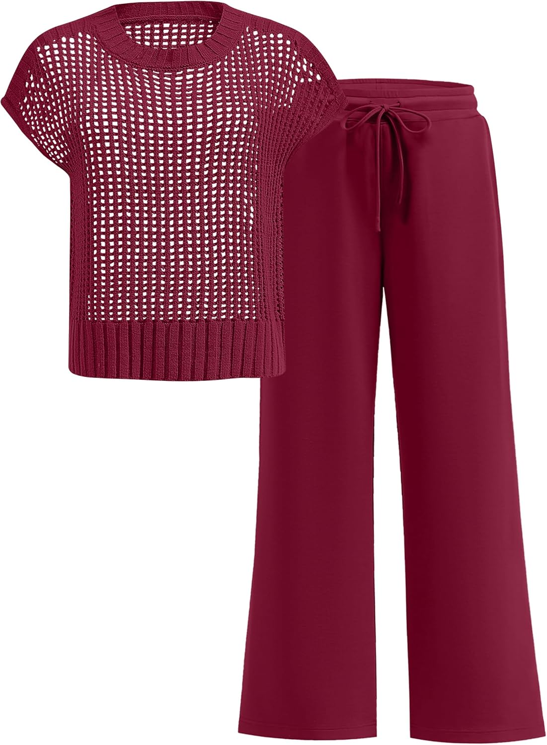 Women Two Piece Outfits Crochet Sheer Knit Sweater Top Set
