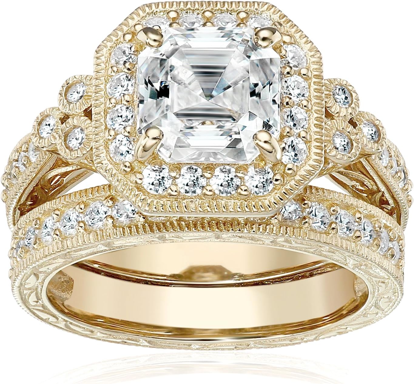 Antique Style Sterling Silver Ring Set with Asscher-Cut Zirconia
