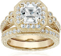 Platinum or Gold Plated Sterling Silver Asscher-Cut Ring Set - Elegant