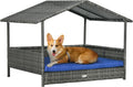 Wicker Dog House with Canopy for Small-Medium Dogs - Gray, Dark Blue