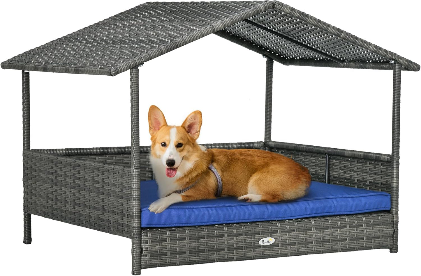 PawHut Wicker Dog House Outdoor with Canopy for Small Breeds