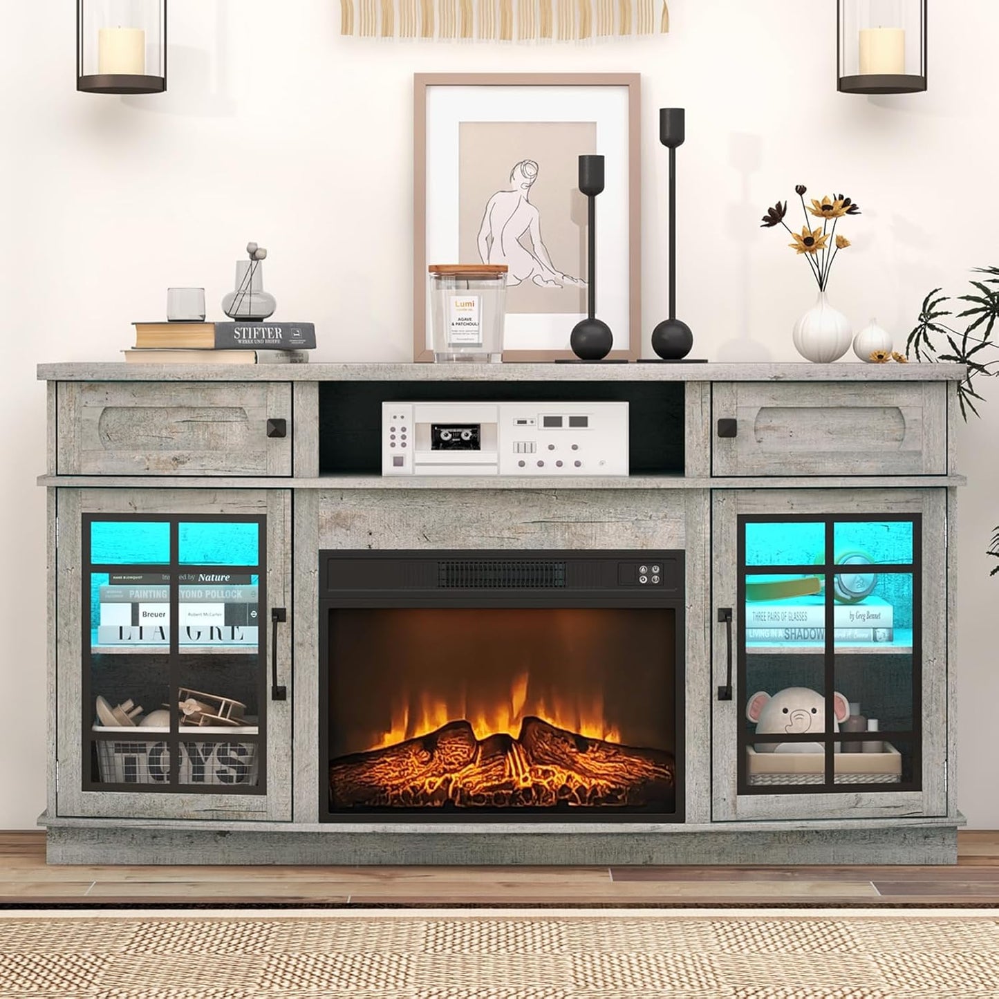 Modern Gray TV Stand with LED Fireplace - Livofloral