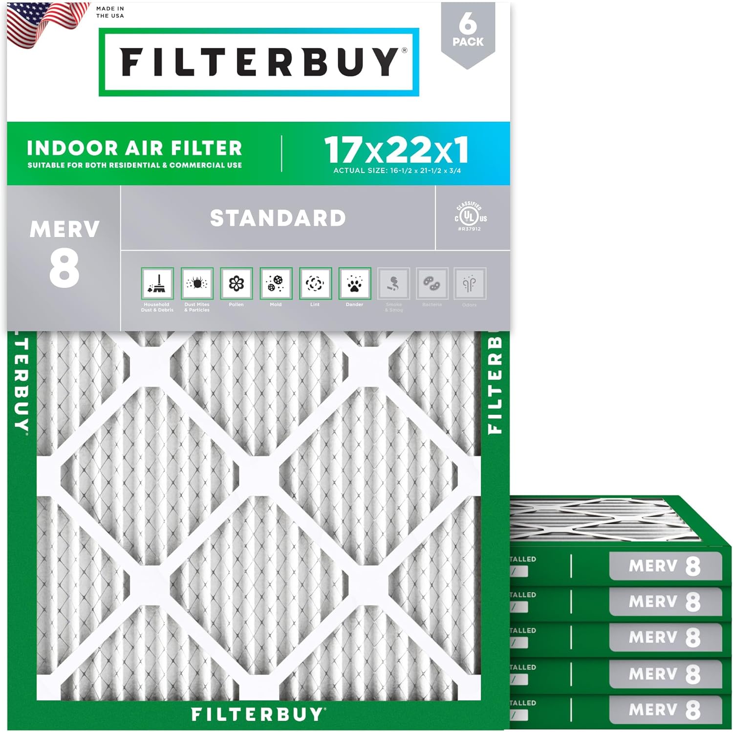 Filterbuy 17x22x1 Air Filter MERV 8 for Dust & Allergy Defense