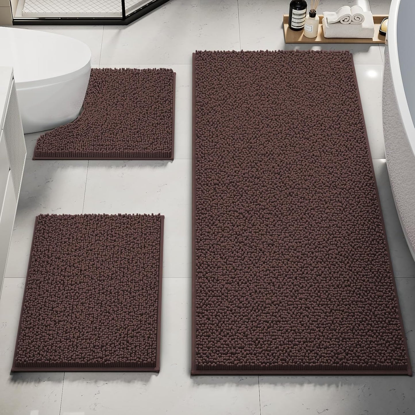 Chenille Bath Mat Set 3 Piece, Ultra Soft Non-Slip Rug Mats