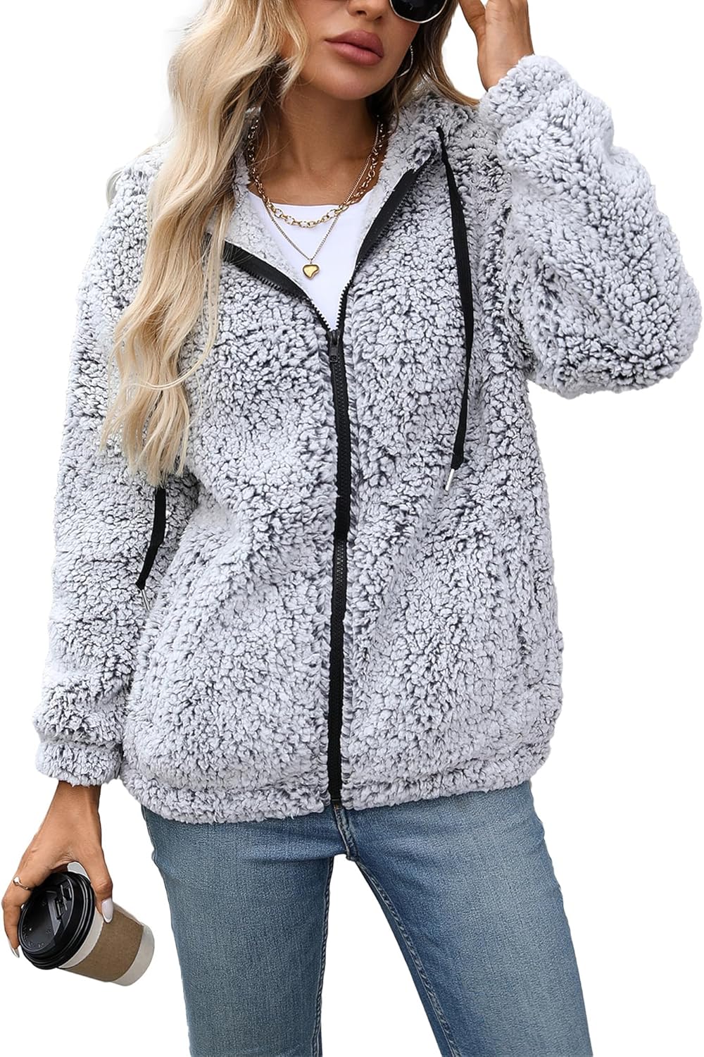 Womens Fleece Jacket Full Zip Sherpa Coat with Hood S-5XL