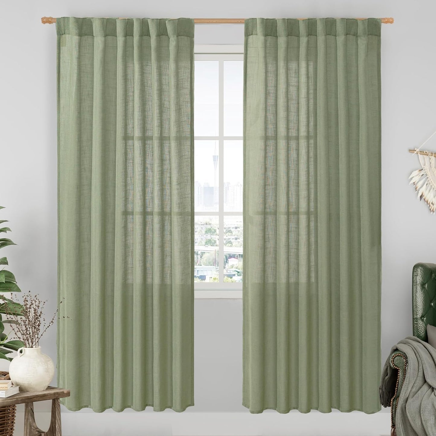 Sage Green Linen Curtains for Living Room - 80 Inch Panels