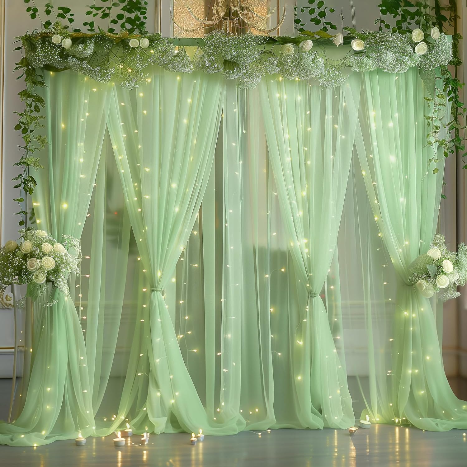 30ft x 10ft Green Backdrop Curtain with Lights for Events